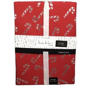 Nicole Miller Candy Cane Tablecloth Christmas Holiday Red Silver Foil 70" Round